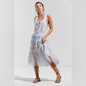 Urban outfitters off white Blue Striped cottage core Midi Dress with Lace Trim